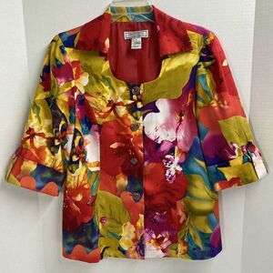 Simonton Says Splashed Floral Print Jacket Small Collard U neckline button up